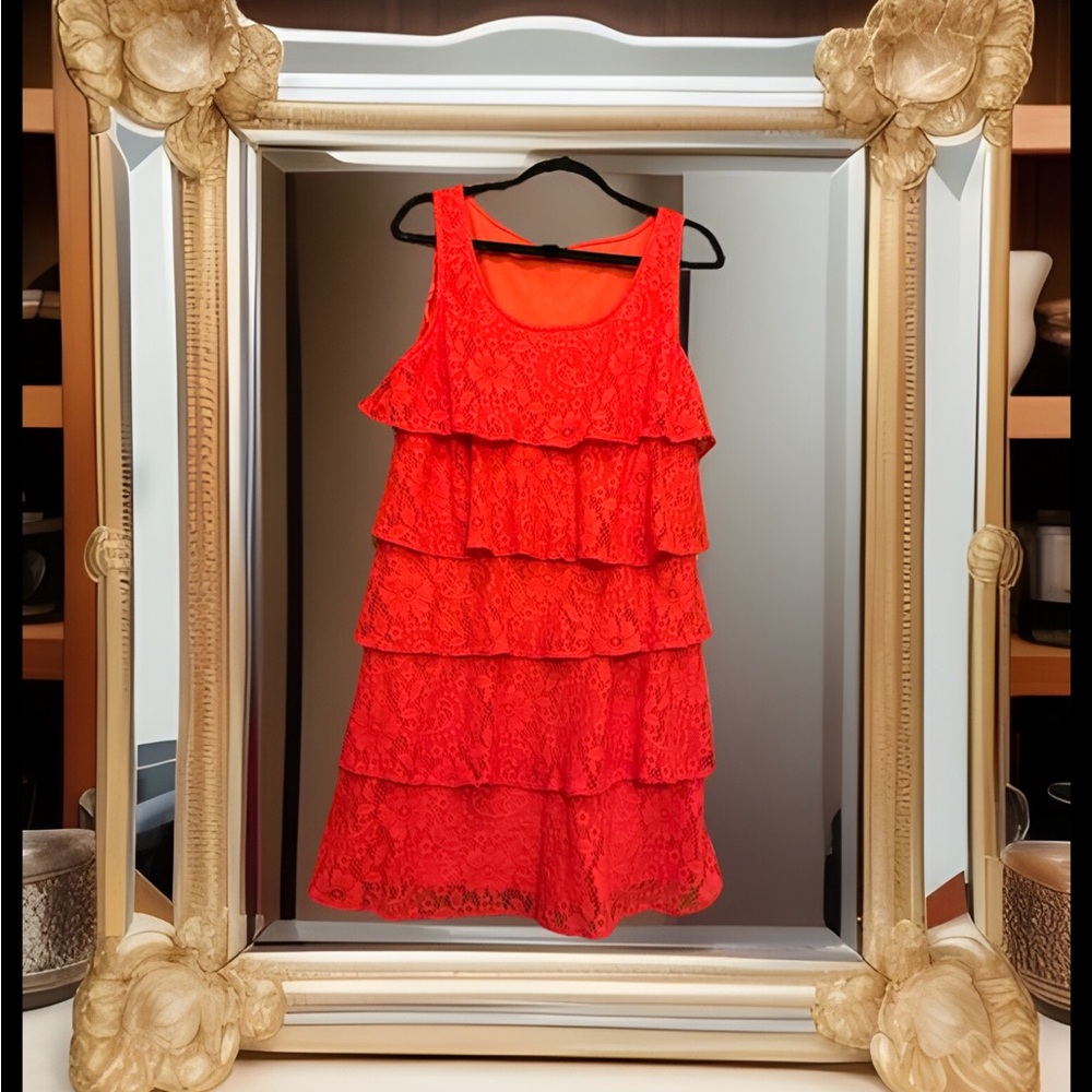 New Directions Orange Lacey Layered Romantic Feminine Boho Ruffle Dress Sz 14